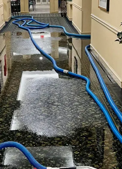 Extraction hoses clearing water from a flooded hallway floor in Queens
