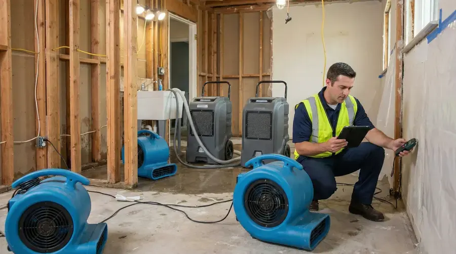 Tech taking moisture readings beside air movers and dehumidifiers in an opened room in Queens